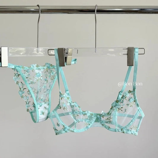 Conjunto de lencería francesa Sexy, sujetador de malla transparente con bordado Floral y aros suaves, soporte cómodo para busto grande, sujetadores CA S-XL MOYISU