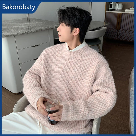 2026 Spring Men's Solid Color Round Neck Sweater High Street Fashion Y2K Knitted Pullovers Casual Retro Knitwear jersey hombre