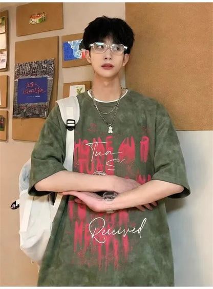 Camisetas de Verano 2026 para Hombre con Estampado Tie-Dye y Gráficos de Graffiti, Camisetas Oversize Juveniles con Estampado de Letras, Tops de Moda Urbana con Contraste de Color