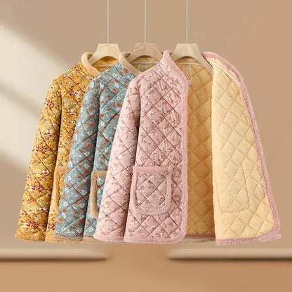 Chaqueta de algodón con estampado floral y forro polar grueso para mujeres de mediana edad y mayores, ropa de abrigo cálida p...