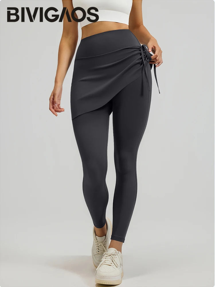 BIVIGAOS-mallas de Yoga plisadas con cordón para mujer, falda, pantalones falsos de dos piezas, mallas deportivas elásticas de cintura alta para primavera