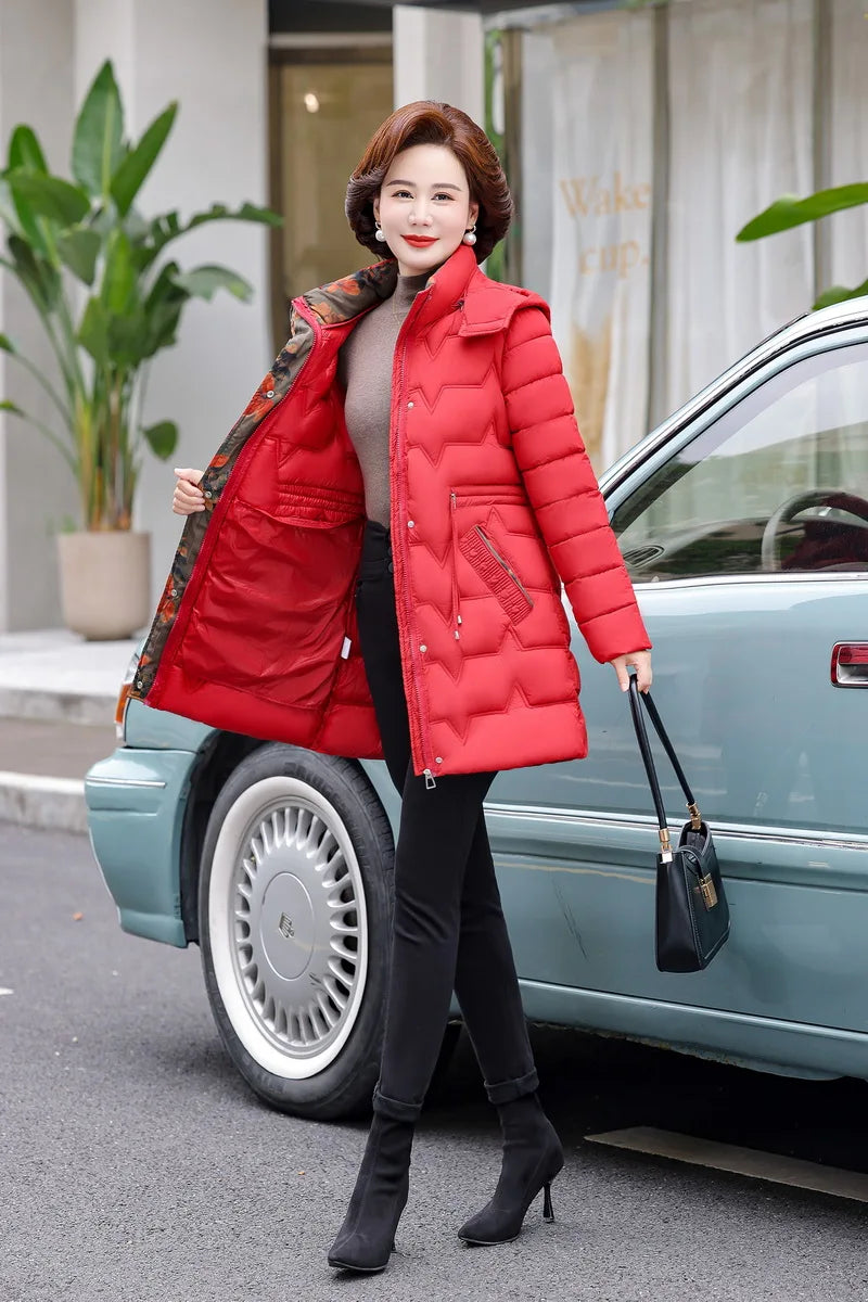 Chaqueta Larga de Algodón Grueso para Mujer, Acolchada, Ajustada, con Cintura Ajustable, Manga Larga, Cierre de Cremallera
