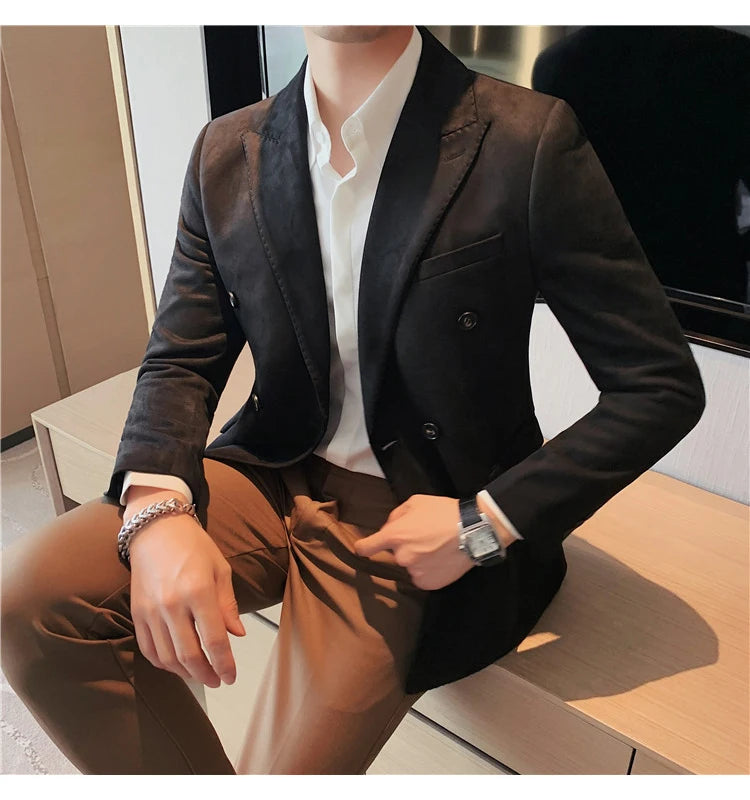 Chaqueta de ante con botones de doble botonadura para hombre, traje de negocios informal, ropa de calle Social, otoño e invierno, 2023