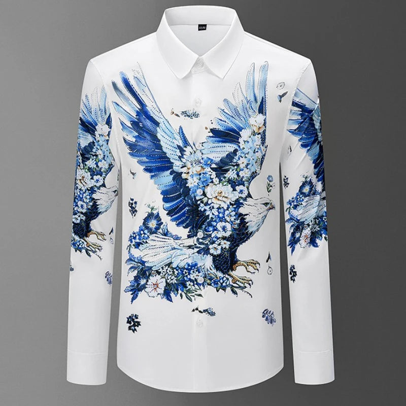 Camisa de lujo con estampado 3D de diamantes de imitación para hombre, camisas informales de manga larga para otoño e invierno, trajes de espectáculo escénico para fiesta de banquete Social