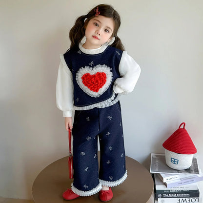 Conjunto de tres piezas con lazo grande de amor para niña, edición coreana de moda de primavera y otoño, ropa para niña