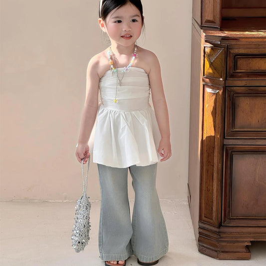 Conjunto de Dos Piezas para Niña, Primavera-Verano 2026, Estilo Coreano, Chaleco con Tirantes y Pantalones Vaqueros Acampanados