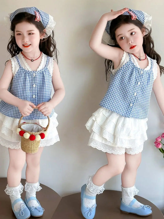 Conjunto de Dos Piezas con Estampado a Cuadros para Niñas, Top Halter con Cuello en V y Falda Corta, Mezcla de Algodón y Poli...