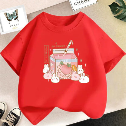 Camiseta bonita de dibujos animados de batido de leche de fresa para niñas, camisetas rosas con gráfico de manga corta para niños