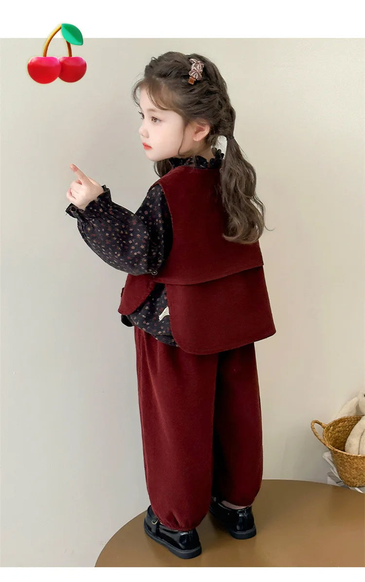 Ropa de moda para niñas 2025, otoño, nueva camisa Floral, chaleco y pantalones de Color sólido, conjunto de 3 piezas de pana