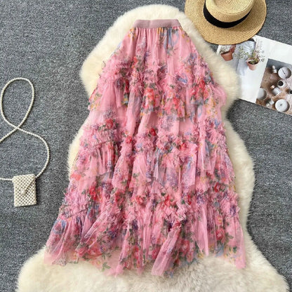 Falda Midi de Malla con Estampado Floral de Cintura Alta Estilo Coreano para Mujer, Falda Hada Abullonada de Fibra de Poliést...