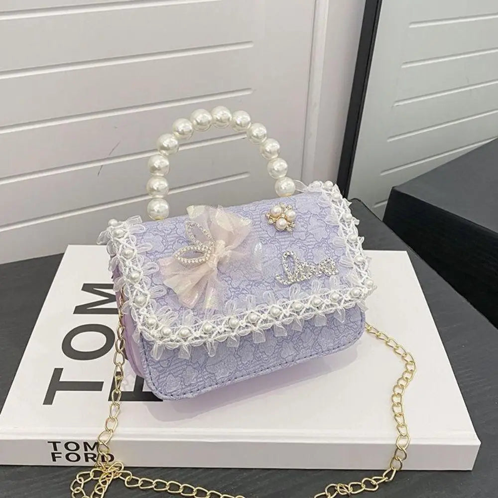 Bolso Bandolera Infantil de Encaje con Perlas, Ligero, Estilo Princesa, con Correa Ajustable