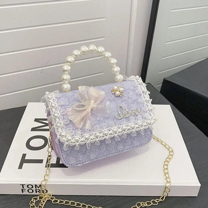 Bolso Bandolera Infantil de Encaje con Perlas, Ligero, Estilo Princesa, con Correa Ajustable