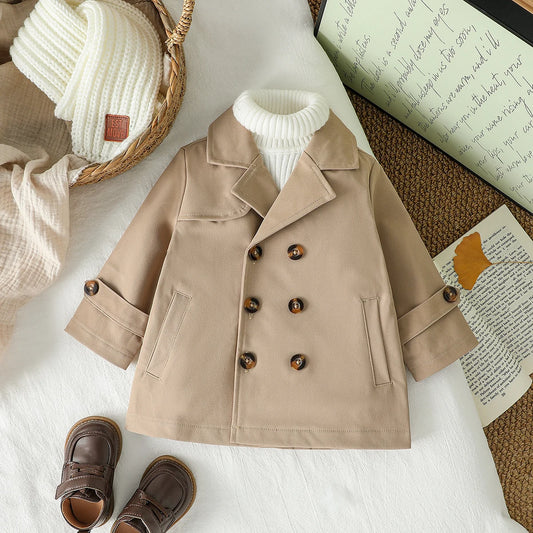 2025 nueva moda gabardina para bebés chaqueta de otoño/invierno cárdigan de manga larga con doble botonadura para bebés ropa para 1-3 años