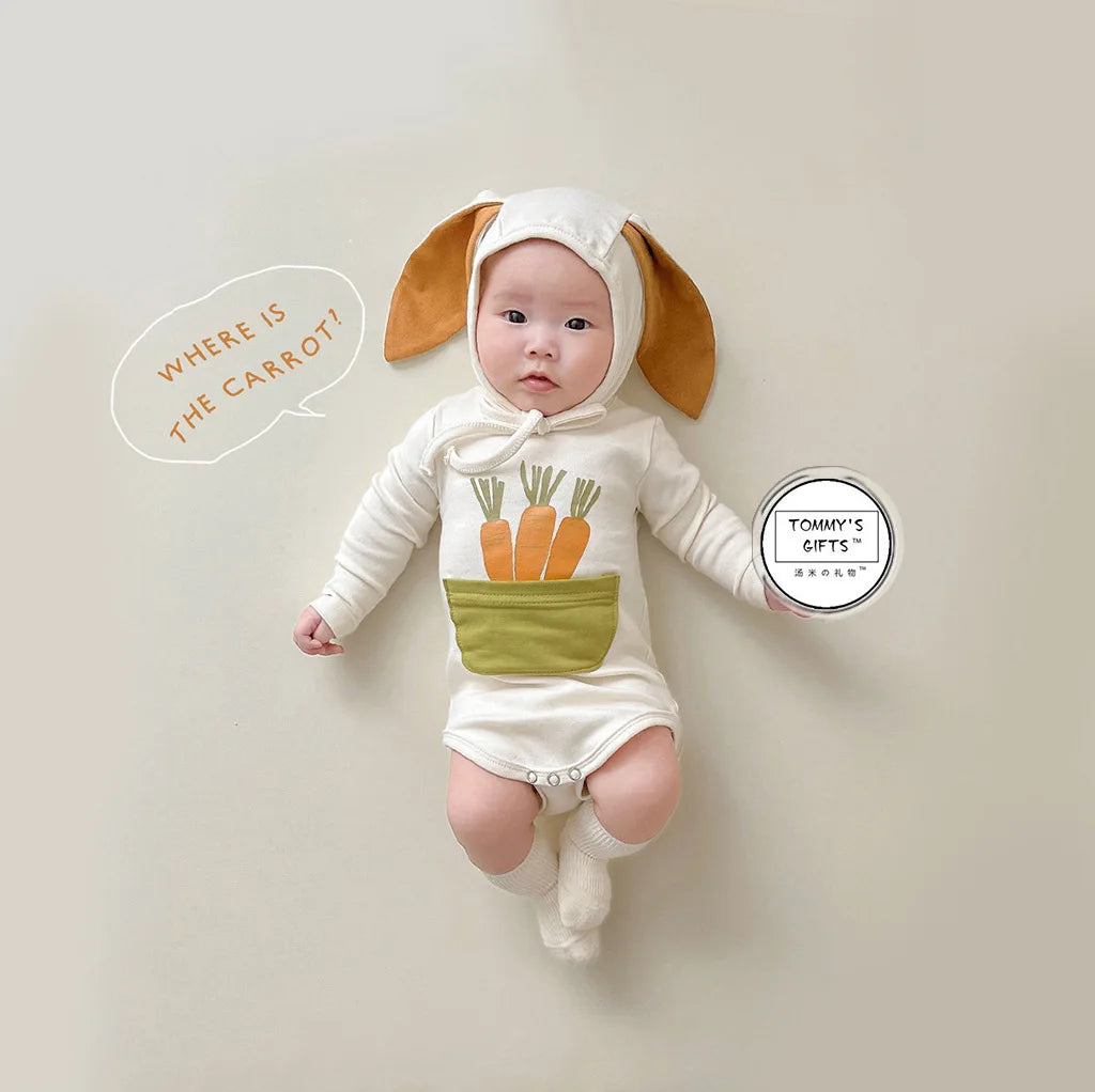 2025 INS ropa infantil para niña moda verano estampado de zanahoria diseño de conejito mameluco para bebé mono de algodón suave 0-24M otoño