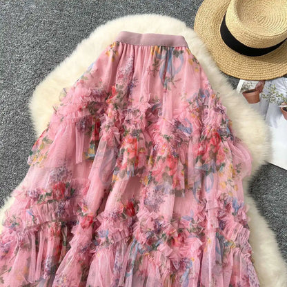 Falda Midi de Malla con Estampado Floral de Cintura Alta Estilo Coreano para Mujer, Falda Hada Abullonada de Fibra de Poliést...