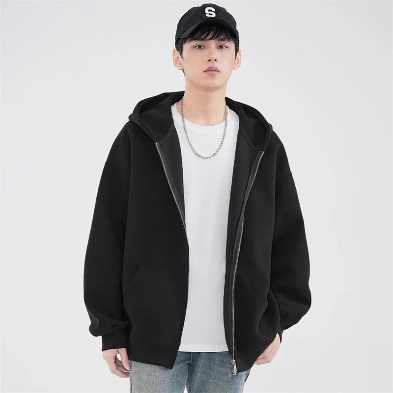 Sudaderas con capucha y cremallera de Color liso para hombre, sudaderas con capucha de moda de venta al por menor Retro, chándal informal de algodón de gran tamaño, novedad de 2026