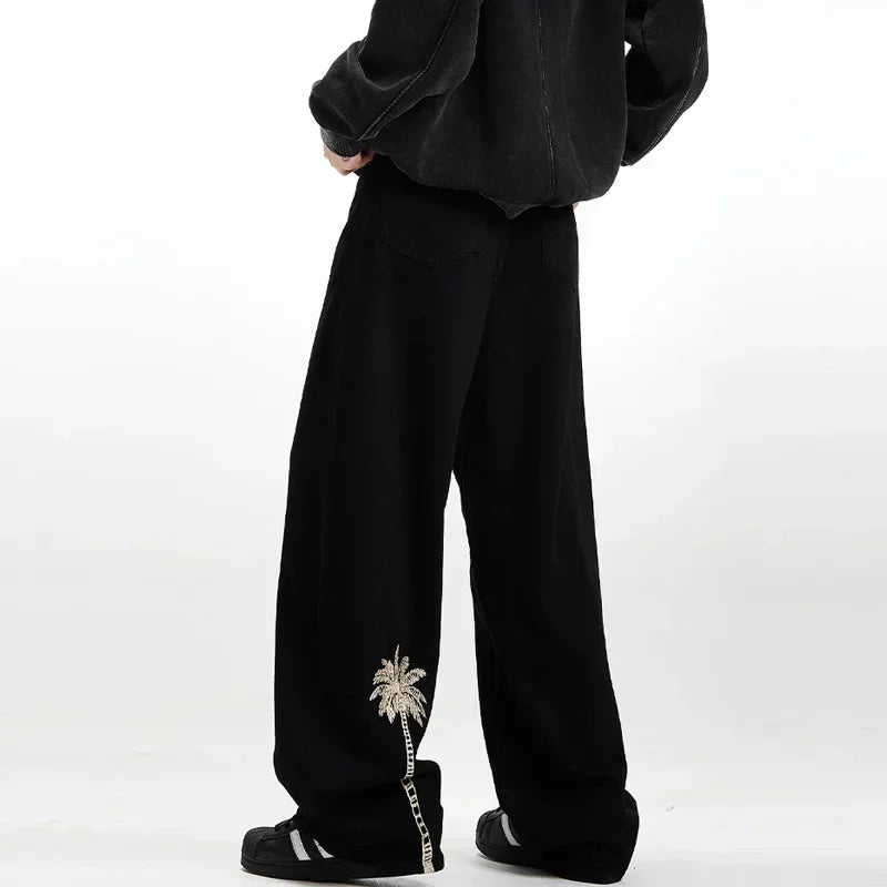 Pantalones Vaqueros de Hombre con Bordado de Palmeras, Estilo Casual, Negros, Rectos, Holgados, Moda Hip Hop, Streetwear Y2K