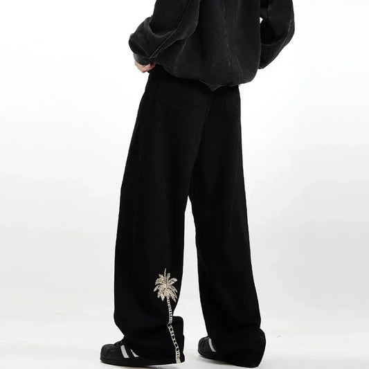 Pantalones Vaqueros de Hombre con Bordado de Palmeras, Estilo Casual, Negros, Rectos, Holgados, Moda Hip Hop, Streetwear Y2K