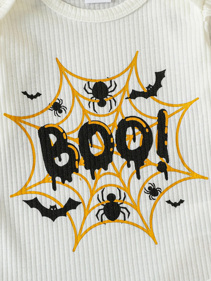 Pelele con letras estampadas de manga larga para otoño/otoño y trajes de Halloween, pantalón de calabaza para conjuntos de 0 a 1 año + diadema, 2 uds.