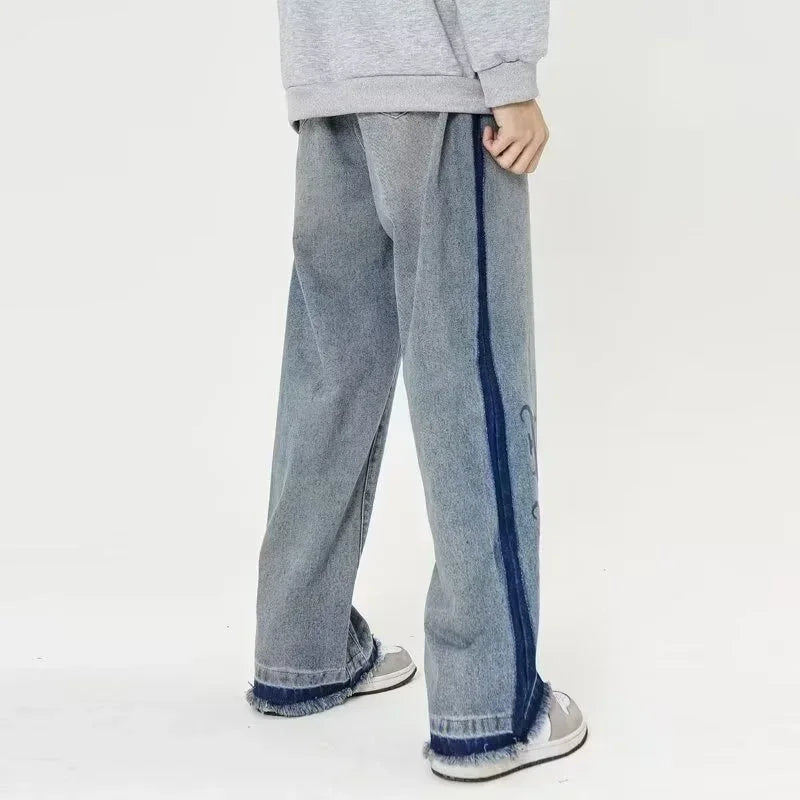 Nuevos pantalones vaqueros holgados azules con estampado de letras góticas Y2K para hombre, ropa de calle Vintage, pantalones vaqueros de pierna recta, pantalones vaqueros holgados de moda Hip Hop