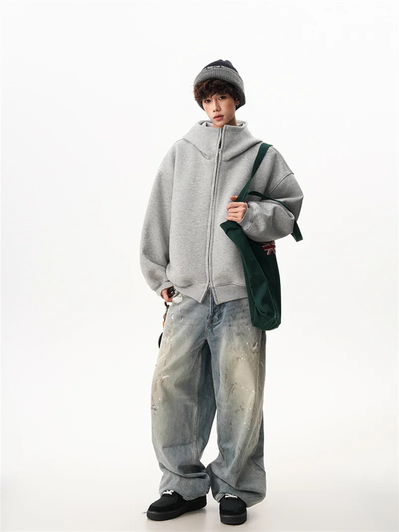 Sudaderas con capucha y cremallera de Color liso para hombre, sudaderas con capucha de moda de venta al por menor Retro, chándal informal de algodón de gran tamaño, novedad de 2026