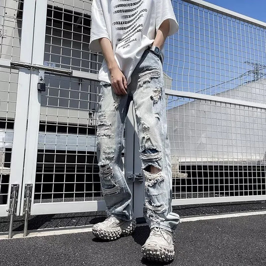 Pantalones vaqueros rasgados de Hip Hop americanos de otoño para hombre Y2K, ropa de calle Vintage, Pantalones vaqueros holgados desgastados de pierna recta, vaqueros azules