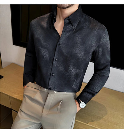 Camisa de manga larga de seda de imitación para hombre, camisa informal estampada de Color degradado a la moda, ropa Social de negocios, ropa de calle para hombre