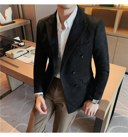 Chaqueta de ante con botones de doble botonadura para hombre, traje de negocios informal, ropa de calle Social, otoño e invierno, 2023