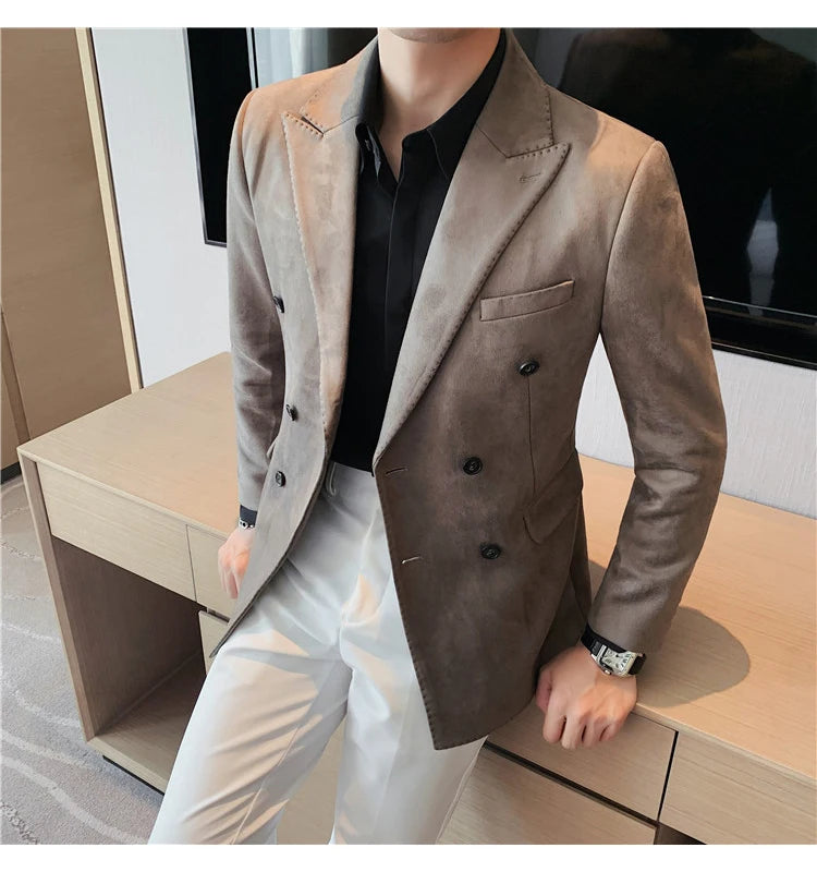 Chaqueta de ante con botones de doble botonadura para hombre, traje de negocios informal, ropa de calle Social, otoño e invierno, 2023