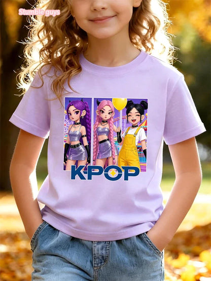 Nueva Camiseta de Verano para Niñas, Cuello Redondo, Algodón Puro, Estilo Casual, Linda Camiseta de Anime de Manga Corta, Suave, Ropa para Niñas