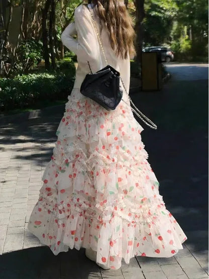 Primavera Verano 2026 Falda Larga de Tul Estampada de Cintura Alta con Empalmes Asimétricos, Falda de Pastel Colorida, Estilo...