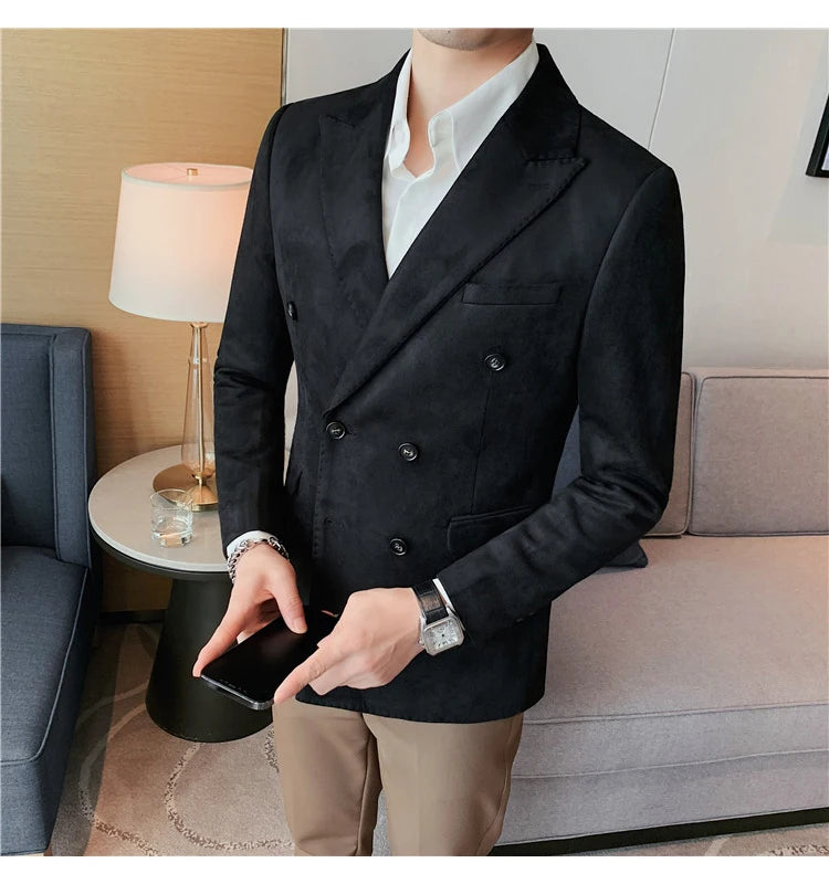 Chaqueta de ante con botones de doble botonadura para hombre, traje de negocios informal, ropa de calle Social, otoño e invierno, 2023