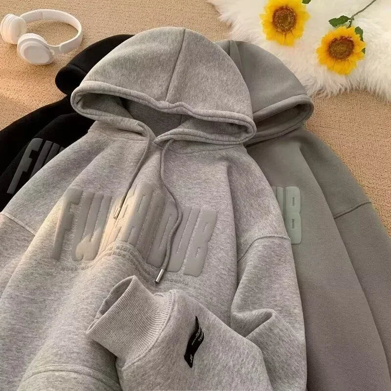 Sudaderas con capucha con estampado de espuma y letras de otoño para hombre, novedad de 2025, sudaderas con capucha Vintage de lana de algodón de gran tamaño, ropa de calle Y2K