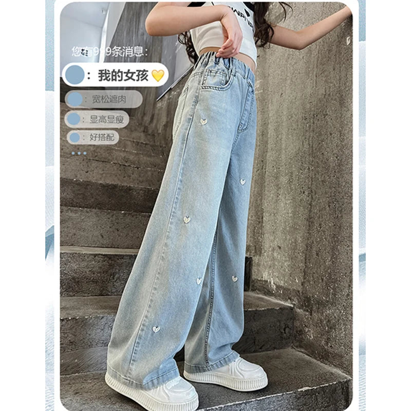 New Summer Girls Jeans Lightweight And Breathable Style Small Hearted Embroidery Mosquito-proof Pants For 4-14 Years Teen Girls