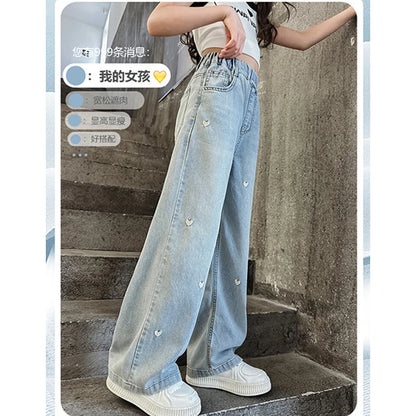 New Summer Girls Jeans Lightweight And Breathable Style Small Hearted Embroidery Mosquito-proof Pants For 4-14 Years Teen Girls