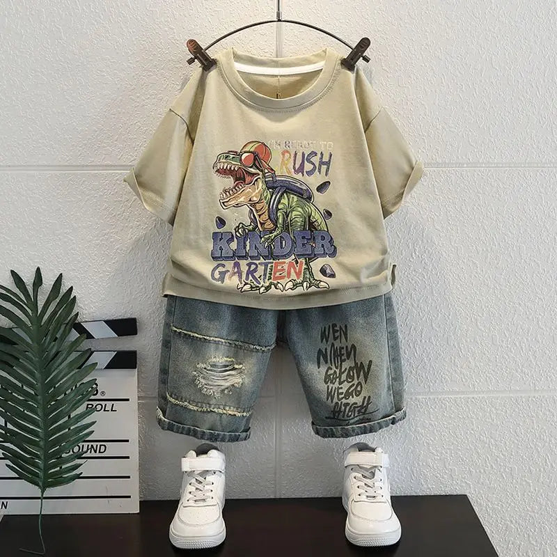 Conjunto de Verano para Niños 2026, Camiseta de Algodón con Estampado de Dibujos Animados y Letras + Pantalones Cortos de Mezclilla, Ropa Infantil