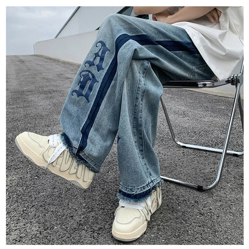 Nuevos pantalones vaqueros holgados azules con estampado de letras góticas Y2K para hombre, ropa de calle Vintage, pantalones vaqueros de pierna recta, pantalones vaqueros holgados de moda Hip Hop