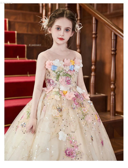 Vestido de fiesta de estilo francés para niñas con flores para el pequeño presentador Piano Recital flor niña boda niños vestido de desfile vestidos