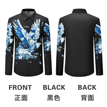Camisa de lujo con estampado 3D de diamantes de imitación para hombre, camisas informales de manga larga para otoño e invierno, trajes de espectáculo escénico para fiesta de banquete Social
