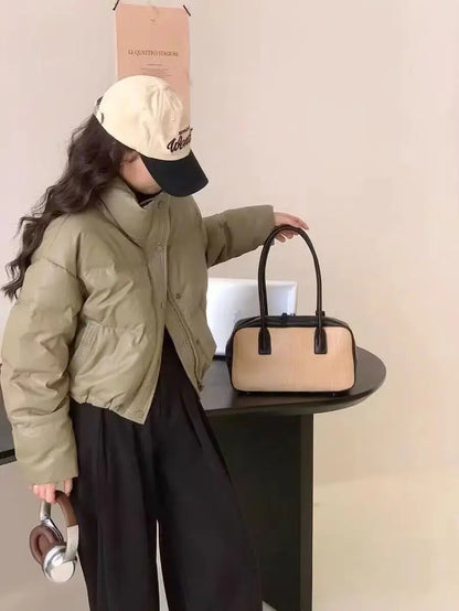 Nueva Chaqueta Corta de Mujer 2024 de Cuero PU Grueso con Relleno de Algodón, Estilo Abrigo Acolchado Cálido de Invierno, Ide...