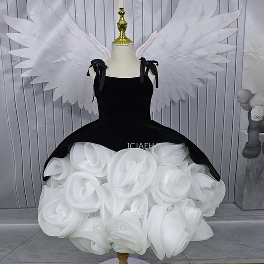 Vestido de fiesta Vestido niños negro Vintage niñas vestidos de cumpleaños disfraz 3D Floral Vestido de princesa ropa escenario desfile traje