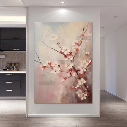 Pintura decorativa de pasillo, pintura al óleo de flores con cuchillo de flor de ciruelo abstracto, murales de gran tamaño, arte de pared en lienzo, juego sin marco