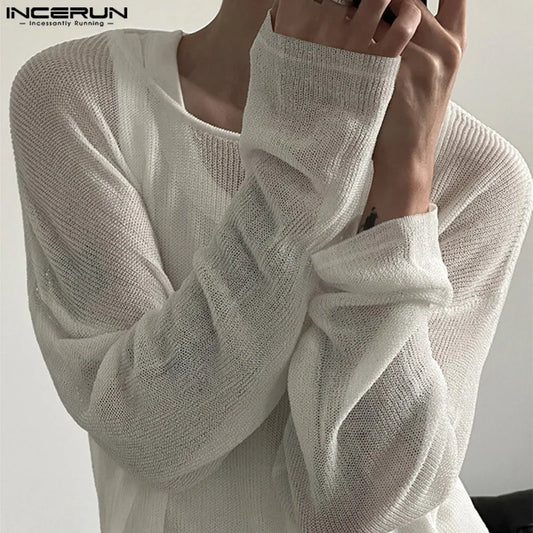 2026 Men T Shirt Solid Color Hollow Out Knitted Transparent Male Tee Tops Streetwear Loose Fashion Casual Men Clothing INCERUN