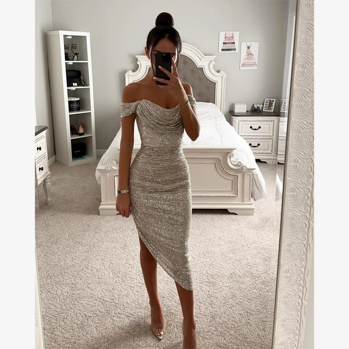 Vestido de fiesta de lentejuelas brillantes con un solo hombro y cremallera, vestido de noche de cintura media con falda larg...