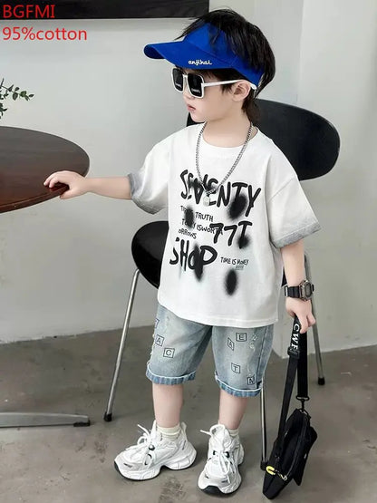 Conjunto de Verano para Niños y Adolescentes, ropa de algodón con letras de manga corta, a la moda, 2 piezas