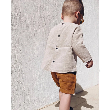 Camisa de lino para niño, camisetas de manga larga de algodón y lino de cuello redondo de estilo rústico con bolsillo, color liso, novedad de primavera, TZ410