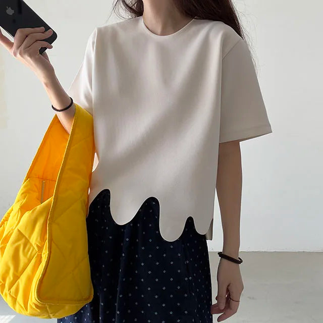 Camisetas de verano de moda coreana, camiseta informal de manga corta con cuello redondo y patrón de onda Irregular, camisetas simples