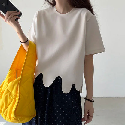 Camisetas de verano de moda coreana, camiseta informal de manga corta con cuello redondo y patrón de onda Irregular, camisetas simples