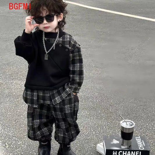 Ropa para bebés, niños, primavera Otoño, moda para niños, abrigo a cuadros empalmado + Pantalones a cuadros, conjunto de 2 uds, ropa de calle, ropa deportiva bonita