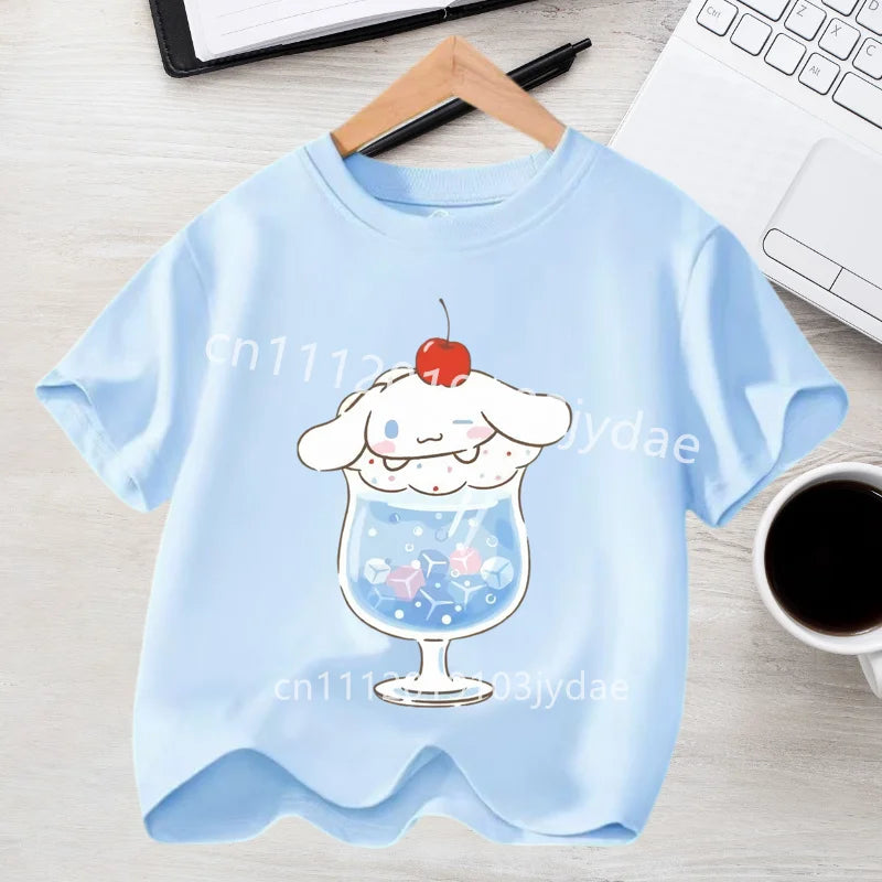 Camiseta de Manga Corta para Niños, Estilo Urbano, Verano 2026, Ropa Casual, Regalo Kawaii, Linda Camiseta de Cinnamoroll para Niña, Camiseta de Algodón con Estampado de Anime